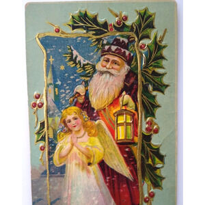 Santa Claus Father Christmas Postcard Old World Lantern Angel Prays Gel Embossed